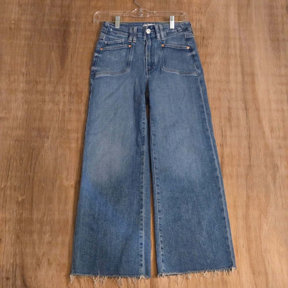 PAIGE Anessa Wide Leg Jeans Womens 26 Blue High Rise Patch Pocket Raw Hem